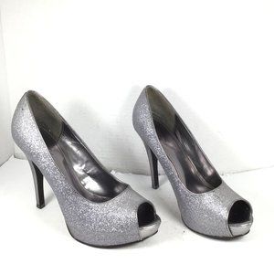 Jacqueline Ferrar Women Silver Sparkle Glitter Peep Toe Heels Platform Size 10